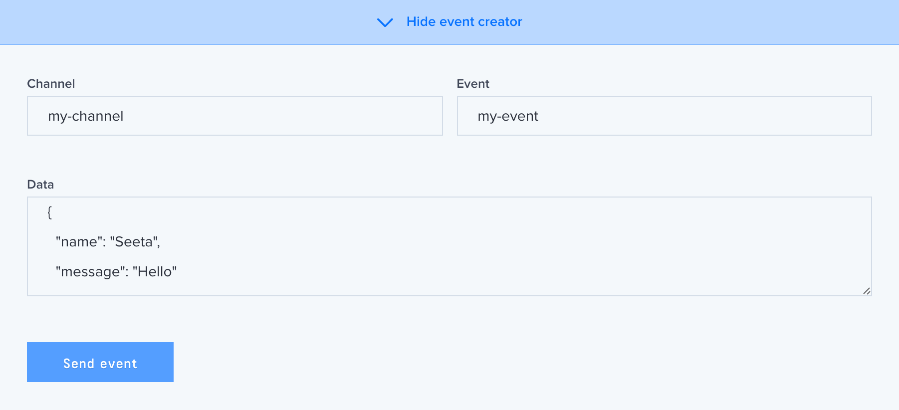 A screenshot of the debug console event creator within the Pusher dashboard